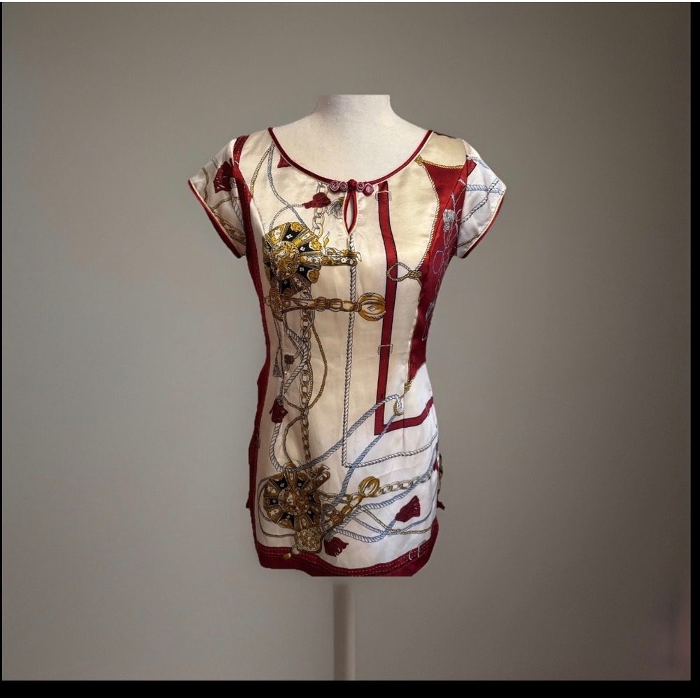 NK 100% Silk Equestrian Tunic Top Red Cream Gold Chain Tassel Blouse M Y2K